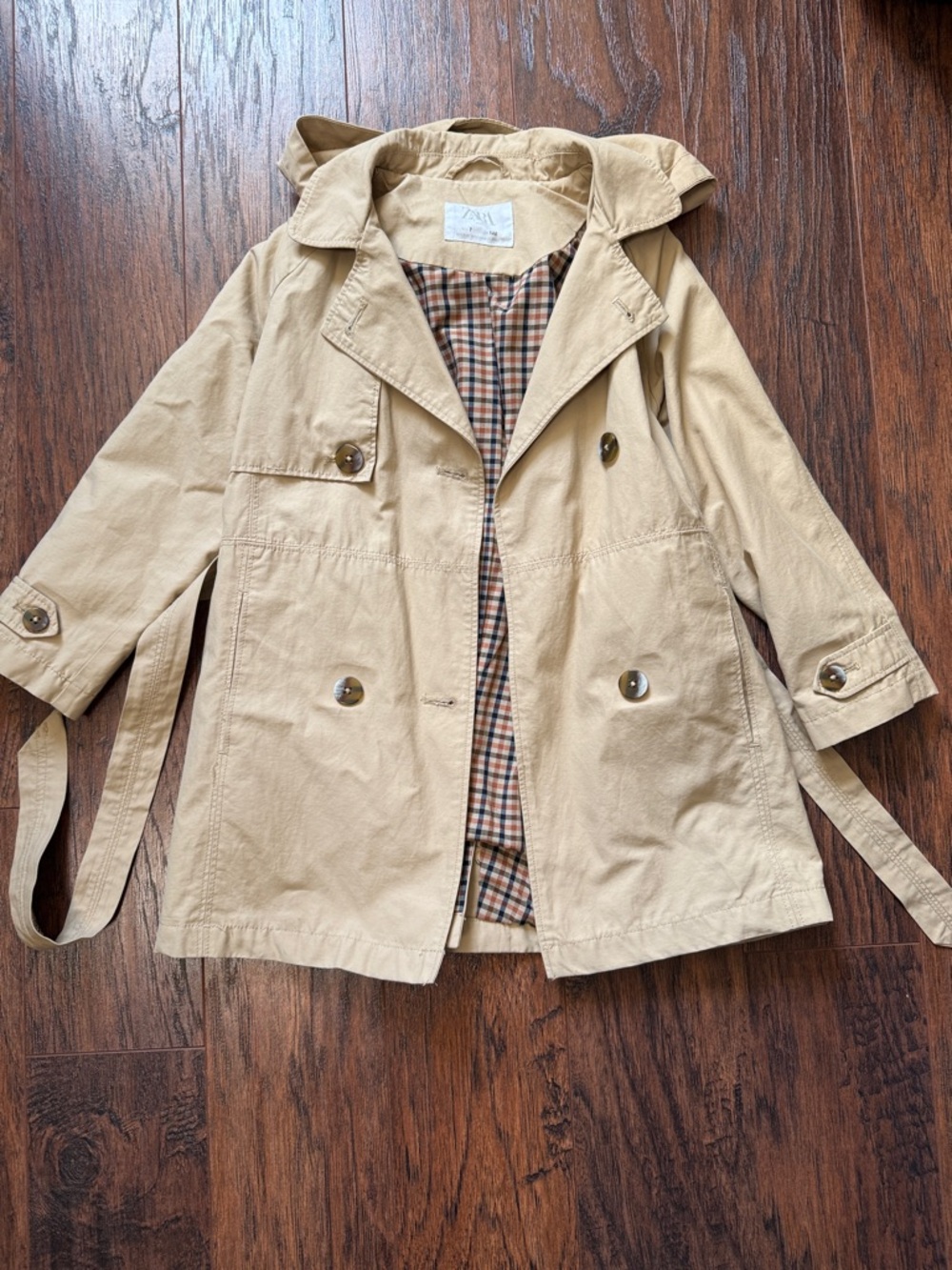 Zara Beige Hooded Trench Coat with Plaid Lining